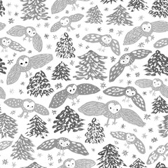 Owls. Seamless woodland nursery pattern. O