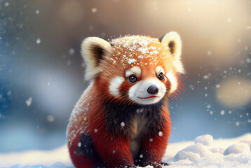 Red Panda in snow winter, generative ai
