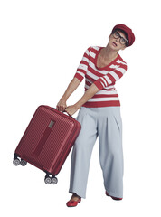 Woman carrying a heavy suitcase