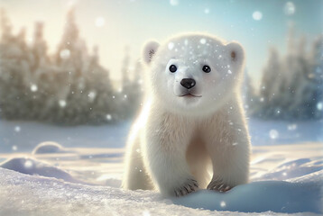 Cute baby polar bear in snow winter, generative ai - obrazy, fototapety, plakaty
