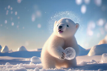 Cute baby polar bear in snow winter, generative ai
