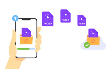 Flat design Illustration of Video file transfer from Wi-Fi Phone to cloud, cloud technology easy to transfer