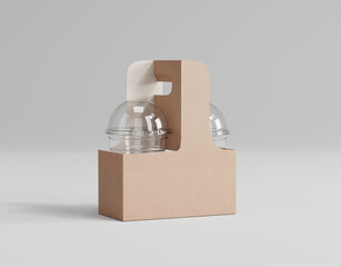 Coffee cup takeout holder, kraft cafe carrier mockup, 3d rendering, 3d modeling
