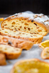 Sliced Stollen sprinkled with powdered sugar