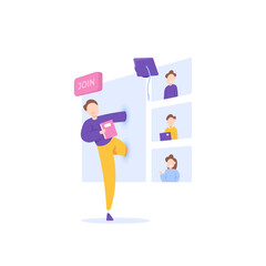 join an online class, course, or online training. video conferences and seminars. a teacher or student tries to enter or join a meeting. illustration concept design. graphic elements