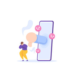 cyberbullying. a victim of bullying or doxing. a man cries because he gets bad words or ridicule on social media. problems and social. illustration concept design. graphic elements