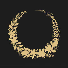 Golden wreath with leaves. Floral round frame. Leaves silhouette.