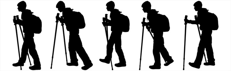 Walking boy. Teenagers with canes in their hands and backpacks behind their backs step one after another, in a row, in one line. Side view. Sport. Hiking. Black silhouette isolated on white background