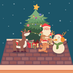 Fototapeta premium Christmas snow scene with Santa Claus, Reindeer, Gingerbread, Snowman and Christmas tree
