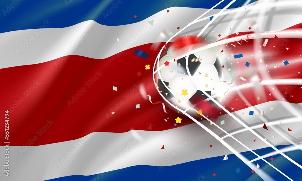 Poster The ball in the soccer net. Goal vector concept with flag of Costa Rica. 3d vector banner with blur effect