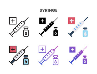 Syringe icons vector illustration set line, flat, glyph, line color gradient. Great for web, app, presentation and more.
