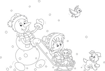 Funny snowman sledging a happy cute little girl with a toy baby elephant and walking and playing with a merry pup and a small bird on a snowy winter day, black and white vector cartoon illustration