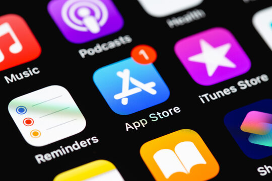 AppStore, iTunes, Apple music, Podcasts mobile apps icons on screen iPhone smartphone closeup. Apple Inc. is an American multinational technology company. Batumi, Georgia - October 6, 2022
