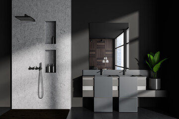 Grey bathroom interior with double sink and douche, sleeping area and window