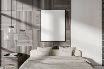 Fototapeta na wymiar Light bedroom interior with bed and minimalist decoration. Mockup frame