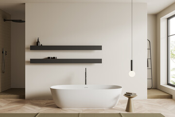 Obraz na płótnie Canvas Front view on bright bathroom interior with bathtub, shower