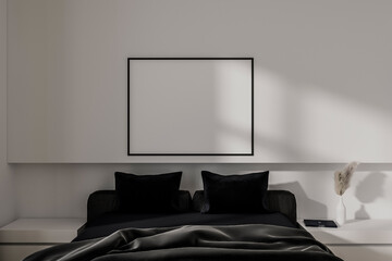 Light bedroom interior with bed and minimalist decoration. Mockup frame