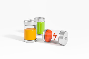 Power batteries with different charge status on white background