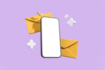 Phone blank display and mail envelopes on purple background