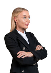 Businesswoman with arms crossed, smiling portrait isolated over