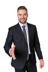 Businessman stretching out hand to shake, isolated over white ba