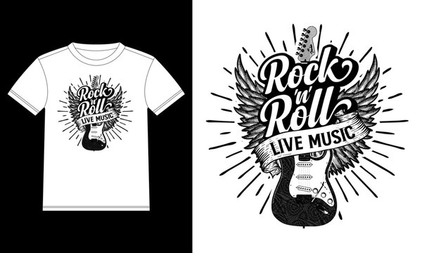 Rock and Roll Live Music hand drawn lettering with guitar, wings and ribbon. Rock festival poster T-shirt Design template, Car Window Sticker, POD, cover, Isolated White Background Vector illustration