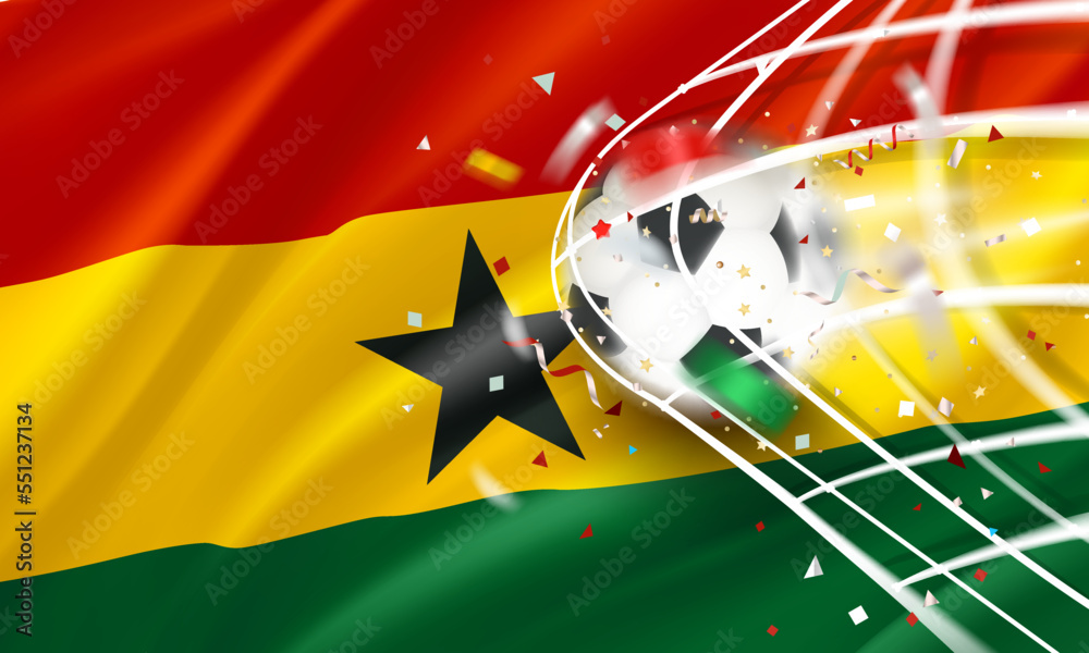 Poster The ball in the soccer net. Goal vector concept with flag of Ghana. 3d vector banner with blur effect