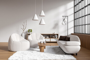 Side view on bright living room interior with armchairs, sofa
