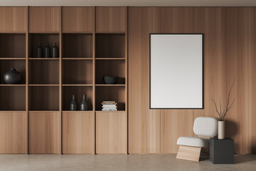 Fototapeta na wymiar Stylish chill interior with seat and shelf with decoration. Mockup frame