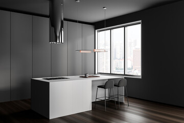 Grey kitchen interior with bar countertop and chairs, panoramic window