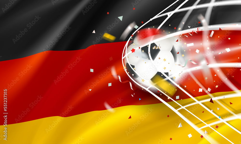 Poster The ball in the soccer net. Goal vector concept with flag of Germany. 3d vector banner with blur effect
