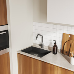 Corner close up view on bright kitchen room interior