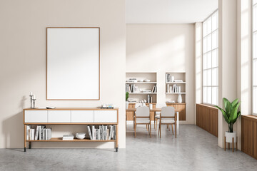 Front view on bright living room interior with empty poster