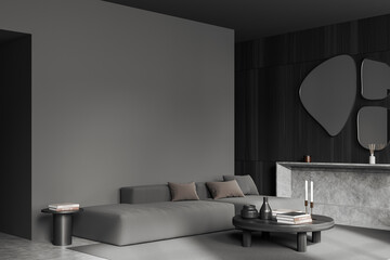 Grey relaxing interior with couch and fireplace with decor. Mockup wall