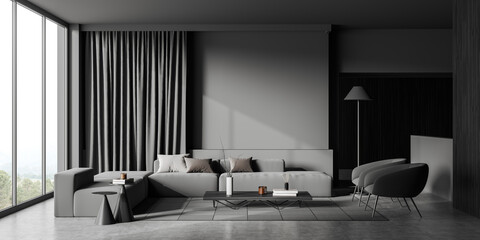 Grey chill interior with couch, seats and panoramic window. Mockup wall
