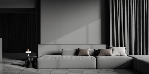 Front view on dark living room interior with sofa, curtain