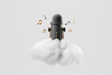 Microphone on a cloud for recording podcast, musical notes. Copy space