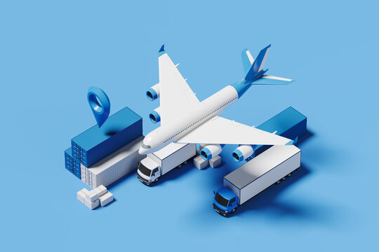 Top view of delivery truck and airplane with containers, location pin. Mockup