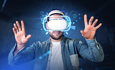 Young man with vr glasses hologram, futuristic technology and metaverse