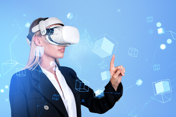 Businesswoman wearing vr headset watching at metaverse reality,
