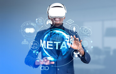 Black businessman in vr glasses, working in metaverse and virtual reality