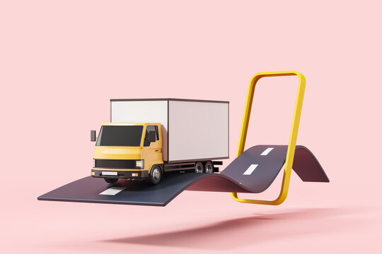 Smartphone and delivery van on road, pink background. Mockup