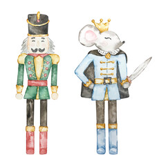 Watercolor Nutcracker Christmas soldier and mouse king toys