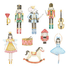 Watercolor Nutcracker Christmas ballerina fairies, soldiers, horse and toys © SvetaArt