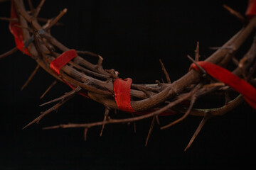 Crown of Thorns Red ribbon on black background