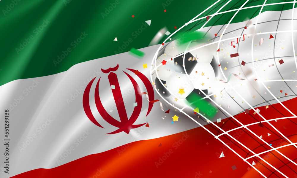 Poster The ball in the soccer net. Goal vector concept with flag of Iran. 3d vector banner with blur effect