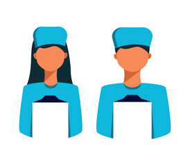Doctor shaped sticker icon. Man and woman doctor in flat style. Folder in hand. Vector illustration