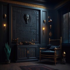 Black room interior in ancient Egyptian style, gold decor, fantasy interior. Ancient Egypt, black interior, gold, night lights, shadows.