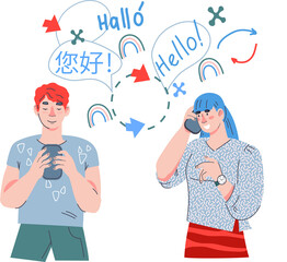 Online language learning and translator app banner with people using smartphone app for communication and education.