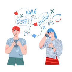 Online language learning and translator app banner with people using smartphone app for communication and education, flat vector illustration isolated on white.